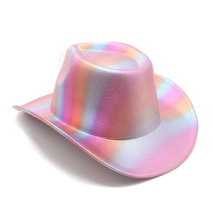 Detail of holographic rainbow western cowboy hat with glossy laser gradient finish