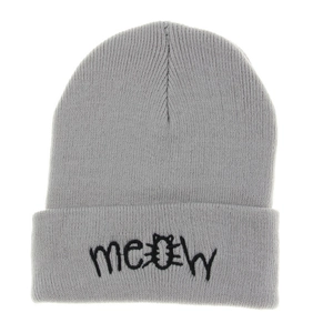 Light gray knit beanie with MEOW cat embroidery on a minimalist white background