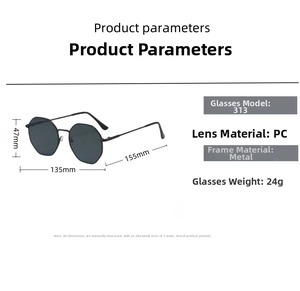 Detailed size specifications for black polygonal metal sunglasses with UV protection