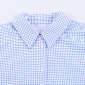 Women's light blue plaid shirt featuring a stylish V-neck design and classic white buttons
