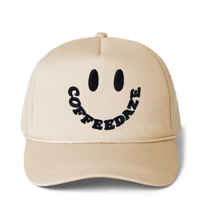 Beige trucker hat with COFFEEDAZE smiley face embroidery and breathable mesh back