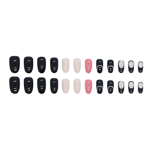 Minimalist oval press-on nails set in solid black, beige, and pink with french line art
