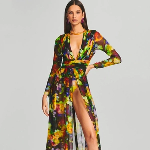 Deep V-neck floral print maxi dress with long sleeves and high slit for beach wear