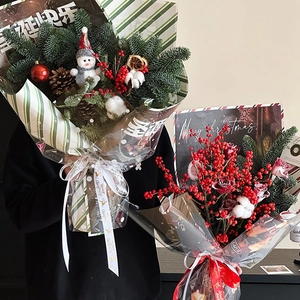 Christmas kraft paper flower bouquet gift wrap with pinecones, cotton, and snowman decors