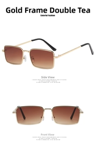 Detail of vintage gold metal sunglasses with gradient tea lenses and sleek square frames