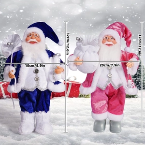 Detailed dimensions of 12 inch Santa Claus figurines in blue and pink velvet outfits