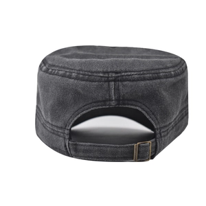 Rear view of washed charcoal cadet cap with adjustable bronze buckle and cotton texture