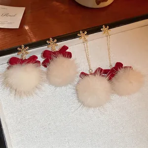 Christmas Snowflake Bowknot Drop Earrings With Faux Fur Pom Pom Velvet And 925 Sterling Silver Earring Post For Women