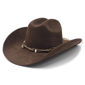 Dark brown faux suede western cowboy hat with seashell and wooden bead band detail