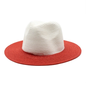 Two-tone Panama straw hat with a white crown and red wide brim for summer sun protection