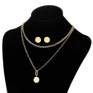Ensemble collier double couche en acier inoxydable doré et boucles d'oreilles rondes Good Luck