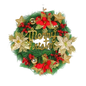 35cm Artificial pine Christmas wreath with Merry Christmas lettering and red poinsettia