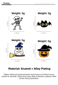 Detailed view of Halloween enamel pins set featuring skeleton, bat cat and pumpkin icons