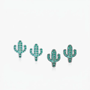 925 Sterling Silver Cactus Stud Earrings For Women With Green Rhinestone Micro Pave Black Gunmetal Silver Plated Jewelry Gift