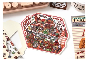 Detailed retro Chinese scene sticker showing vintage bedroom and shop interior illustrations