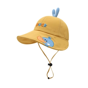 Foldable yellow cartoon duck sun hat for kids with adjustable chin strap and blue embroidery