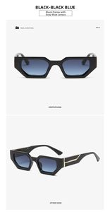 Detail of black geometric sunglasses with grey-blue gradient lenses and gold temple accents