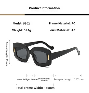 Size chart showing square Y2K sunglasses dimensions and PC frame specifications