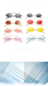 Eight colors of slim oval metal sunglasses showing frame variety and lens clarity details