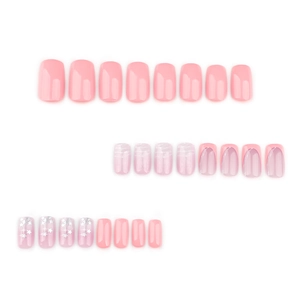 Pink French ombre press-on nails with silver star glitter and marble design, 24pcs square shape