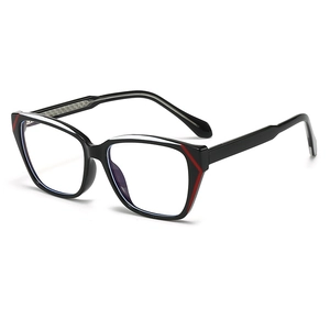Classic black blue light blocking glasses with red accents in a 45-degree side view