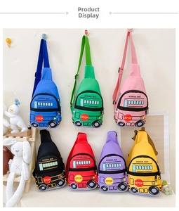 Detail showing various colors of cartoon bus chest bags with adjustable straps