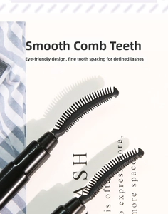 Macro detail of ergonomic curved silicone eyelash comb with dense black bristles