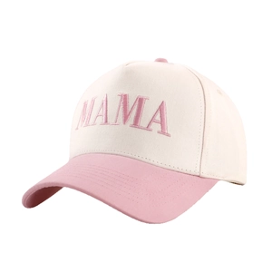 Cappello da baseball beige e rosa con ricamo MAMA e design a pannelli bicolore alla moda