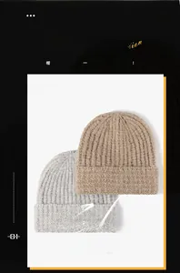 Detailed close-up showing thick ribbed knit texture of grey and beige winter beanies