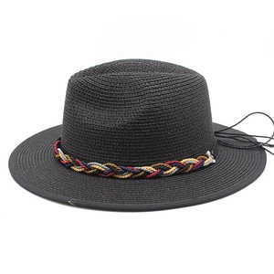 Cappello Panama in paglia nera da donna con fascia colorata intrecciata e tesa