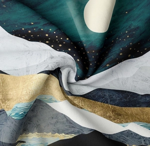 Detailed macro view of the mountain pattern fabric with soft texture and artistic draping