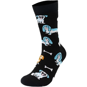 Détail de chaussettes noires avec motifs de chiens de dessin animé et bords côtelés