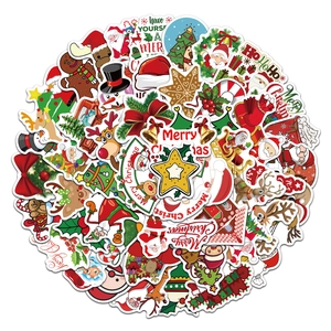 Set of 50 colorful cartoon Christmas stickers featuring Santa and reindeer for DIY decor