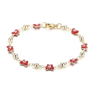 Goldenes Perlenarmband mit roten Emaille-Schmetterlingen und bösem Blick Designmuster