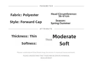 Detailed chart showing polyester ivy cap parameters, mesh fabric info, and 56-61cm sizing