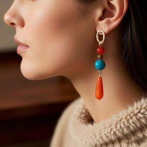 Close-up of bohemian drop earrings with multicolored beads and golden metal rings on model