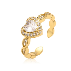 Elegant gold plated heart zircon adjustable open ring with shimmering halo cluster