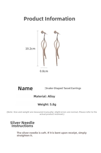 Detailed size specifications for long snake tassel earrings showing length and weight