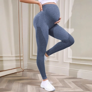 High-waist seamless maternity yoga leggings in grey blue with belly support design