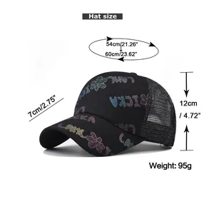 Size chart detail for breathable sequin cap with adjustable strap and mesh back