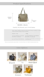 Waterproof tote bag details showing size chart and color options in five different shades