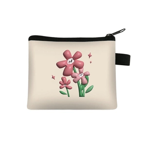 Close-up of small canvas coin purse with 3D pink flower print and black zipper detail