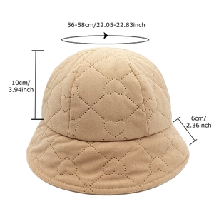 Beige quilted heart corduroy bucket hat with dimensions and vintage dome design
