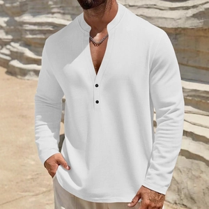 Men's white linen blend short sleeve shirt featuring a stand collar and buttoned placket
