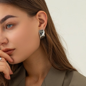Minimalist square geometric hoop earrings in polished silver stainless steel for women