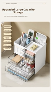Close-up of minimalist desk organizer with white frame and three clear storage drawers