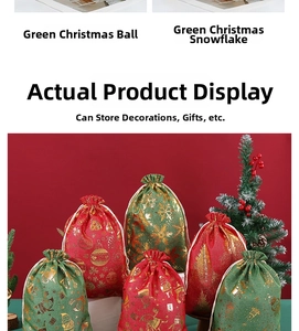 Detail of red and green Christmas drawstring bags with gold foil elk and snowflake prints