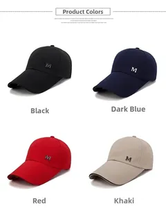 Détails des casquettes en toile avec logo M en métal en noir, bleu, rouge et kaki