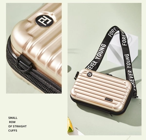 Close-up of a champagne gold hardshell mini suitcase crossbody bag with logo strap