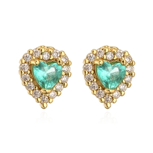Luxury 18K gold plated copper heart stud earrings with green zircon and white crystals